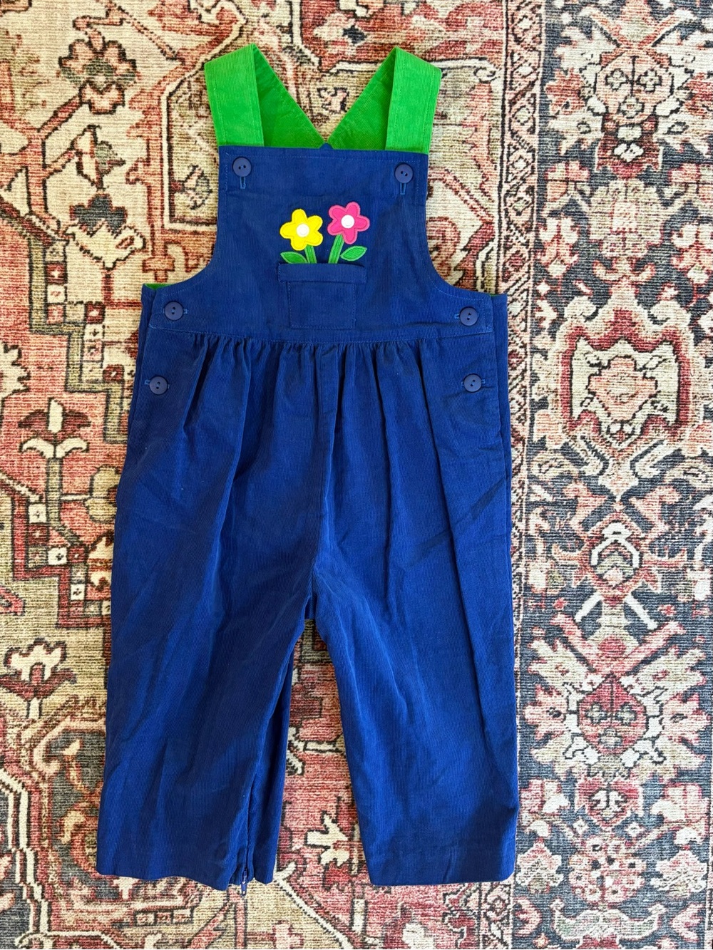 Florence Eiseman Navy Corduroy Overalls with Green Straps and Floral Appliqué